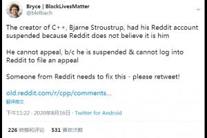 C++ 之父被冻结 Reddit 帐号：因不相信是本人帐号